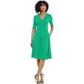 Donna Morgan Womens Stretch Crepe Elbow Sleeve V-Neck Fit and Flare Midi Dress