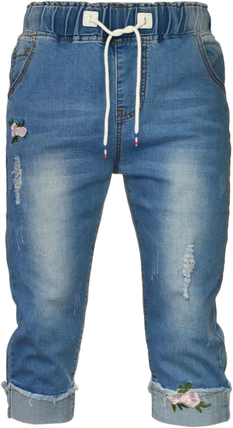 PHOENISING Women's Comfy Cropped Leg Trousers Comfy Elastic Waist Jeans