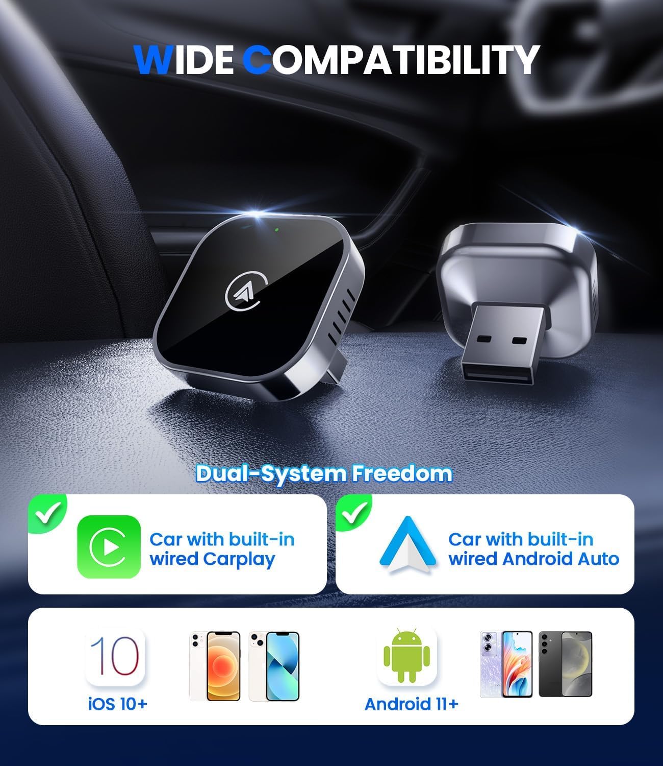 Teeran 2 in 1 Wireless CarPlay and Android Auto Adapter, Easy Setup Plug and Play, Fast Seamless Use Supports 1000+ Car's with Built-in Wired Car Play/Android Auto, Compact Sleek Design Car Adapter