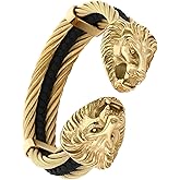 Klapgo Men's Silver Gold Bracelet Viking Lion Head 316 Stainless Steel Leather Open Cuff Leather and Rope Chain Gothic Vintage Animal Totem Bangle