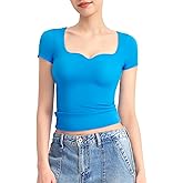 PUMIEY Women's Tops Sweetheart Neck Short Sleeve Going Out Top Cute T Shirts Slim Fitted Sexy Tee Smoke Cloud Pro Collection