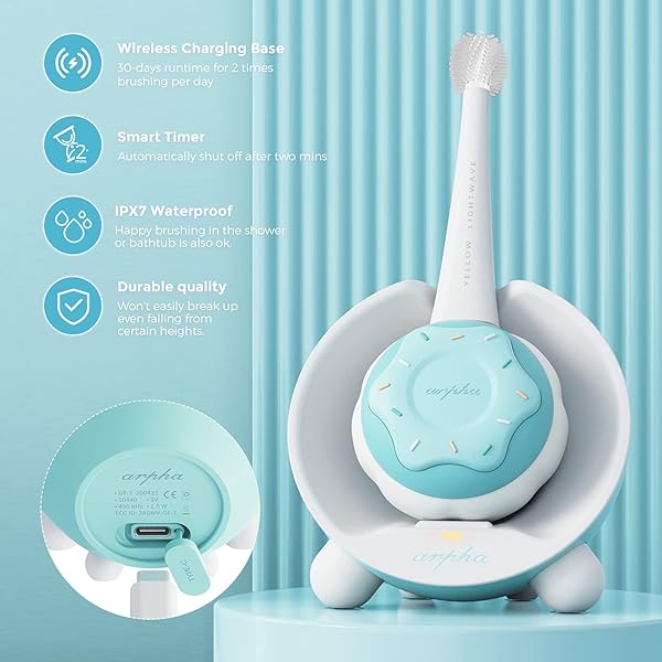 ARPHA KIDS ELECTRIC TOOTHBRUSHES AGE 1-8, RECHARGEABLE TODDLER TIMER TOOTHBRUSH WITH 3 KID-SIZED BRUSH HEADS, YELLOW LIGHT TECHNOLOGY, BLUE DINOSAUR PACKAGE