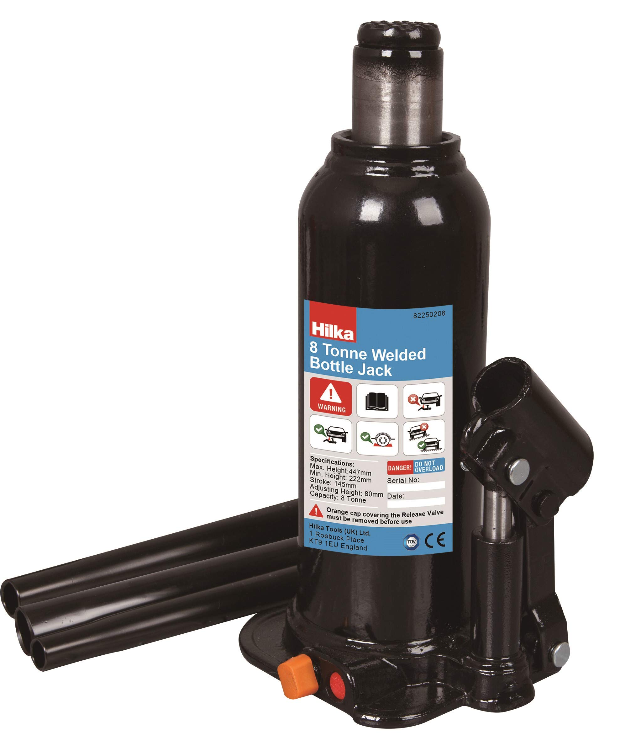 Hilka 82250208 8 Tonne 222-447mm Welded Bottle Jack, Black