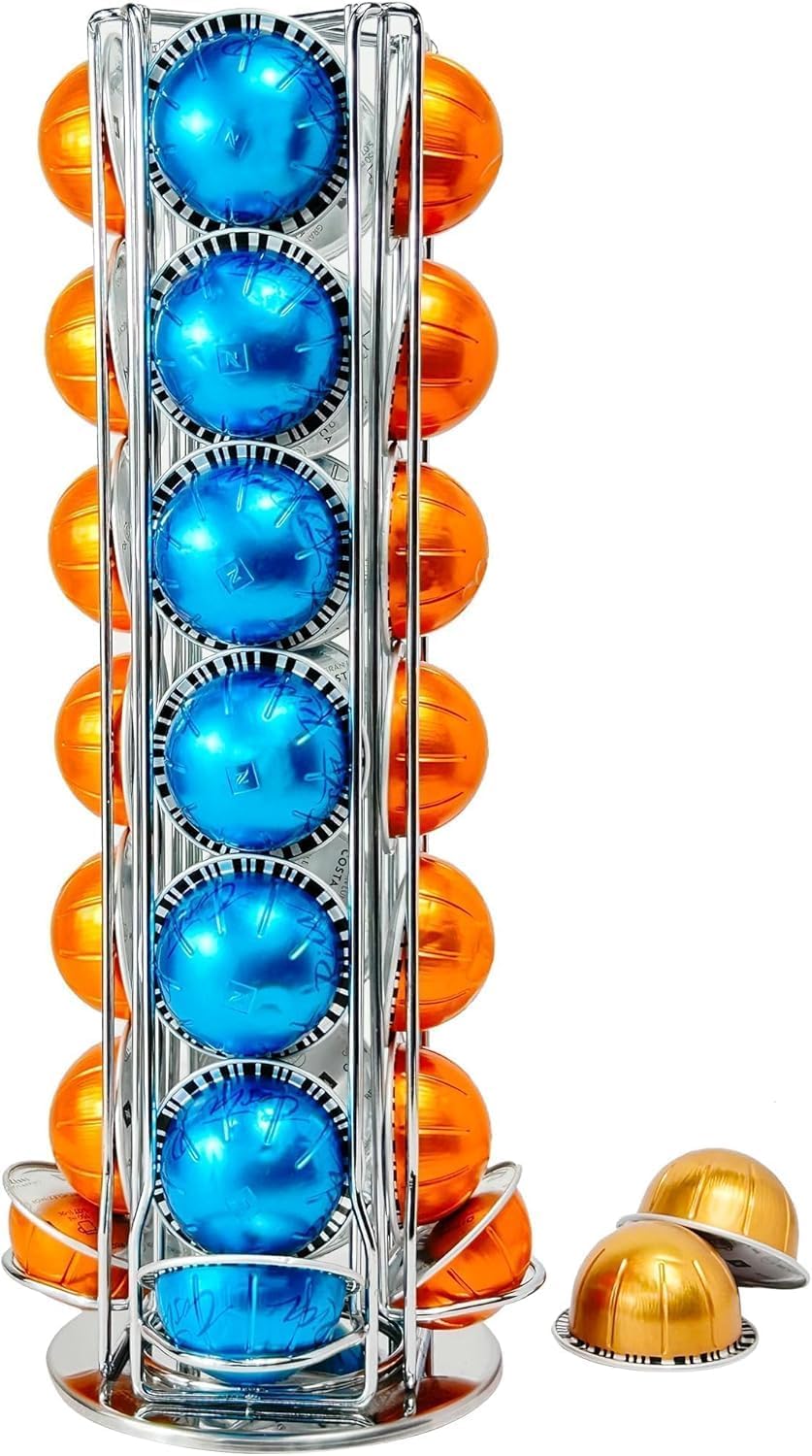 Wrobic Coffee Capsule Holder for 28 Nespresso Vertuo Pods,Nespresso Vertuoline Coffee Capsule Stand Rotating Capsule Holder Storage Rack (Silver 28 pods)