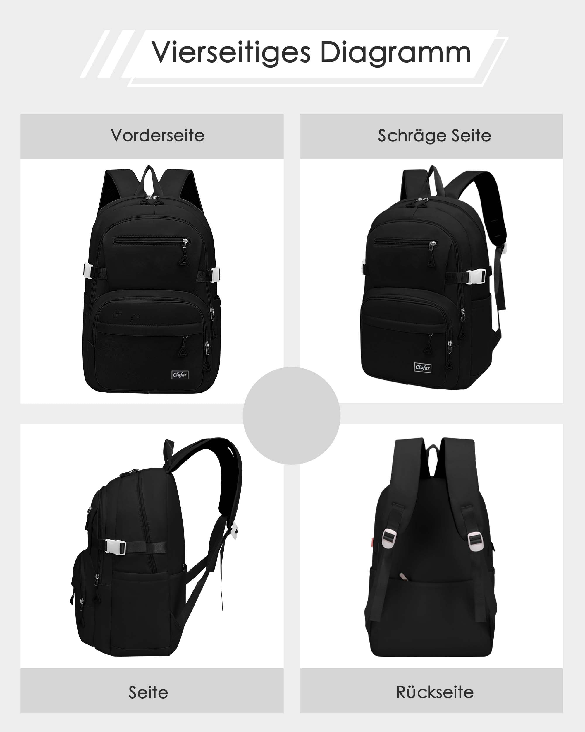 Clufar Schulranzen Jungen 5 Klasse Schwarz Leicht Schulrucksack Teenager Mädchen Wasserdicht Multi-Tasche Schultasche Mädchen Rucksack Schule Herren Schoolbag,Black 8