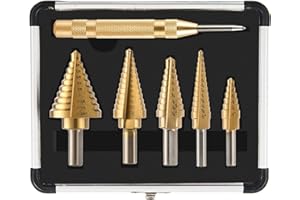 CORTOOL Step Drill Bit Set, Step Bit for Metal 6PCS, Titanium High Speed Steel 50 Sizes (1/8''-1 3/8'') with Automatic Center Punch and Aluminum Case, Multiple Hole Stepped Up Bits for DIY Lovers