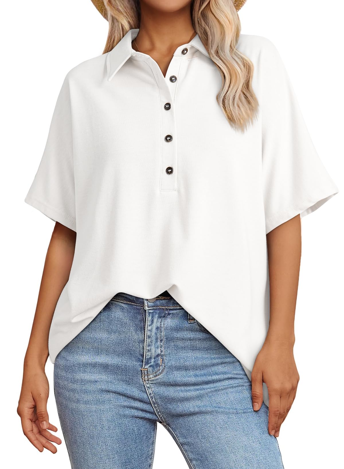 Photo 1 of SHEWIN Womens Summer Shirts Casual Polo Short Sleeve Top Loose V Neck Work Business Tunic Tops for Women Trendy,White,US 4-6(S)