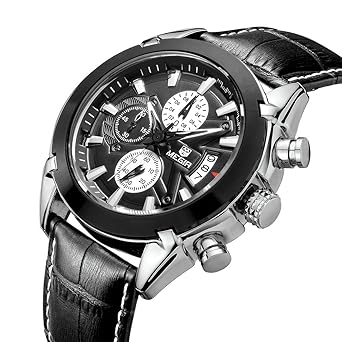 TOPMARGO Mens Sport Watches Waterproof Military Large Face Black Leather Wrist Watch Chronograph Dial for Men