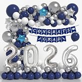 Graduation Decorations Class of 2026: Navy Blue and Silver Graduation Balloon Arch Garland Kit and Silver Confetti Balloons Congrats Grad Banner 2026 Foil Balloon
