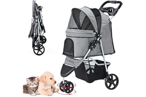 LPOTIUS Pet Stroller, Cat Dog Stroller with Storage Basket Foldable Lightweight Dog Carrier Trolley Jogging Stroller, 3 Wheel, Gray