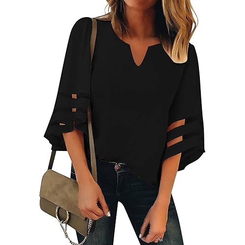 Women's V Neck Mesh Panel Blouse 3/4 Bell Sleeve Loose Top Shirt Chiffon Blouse Tops