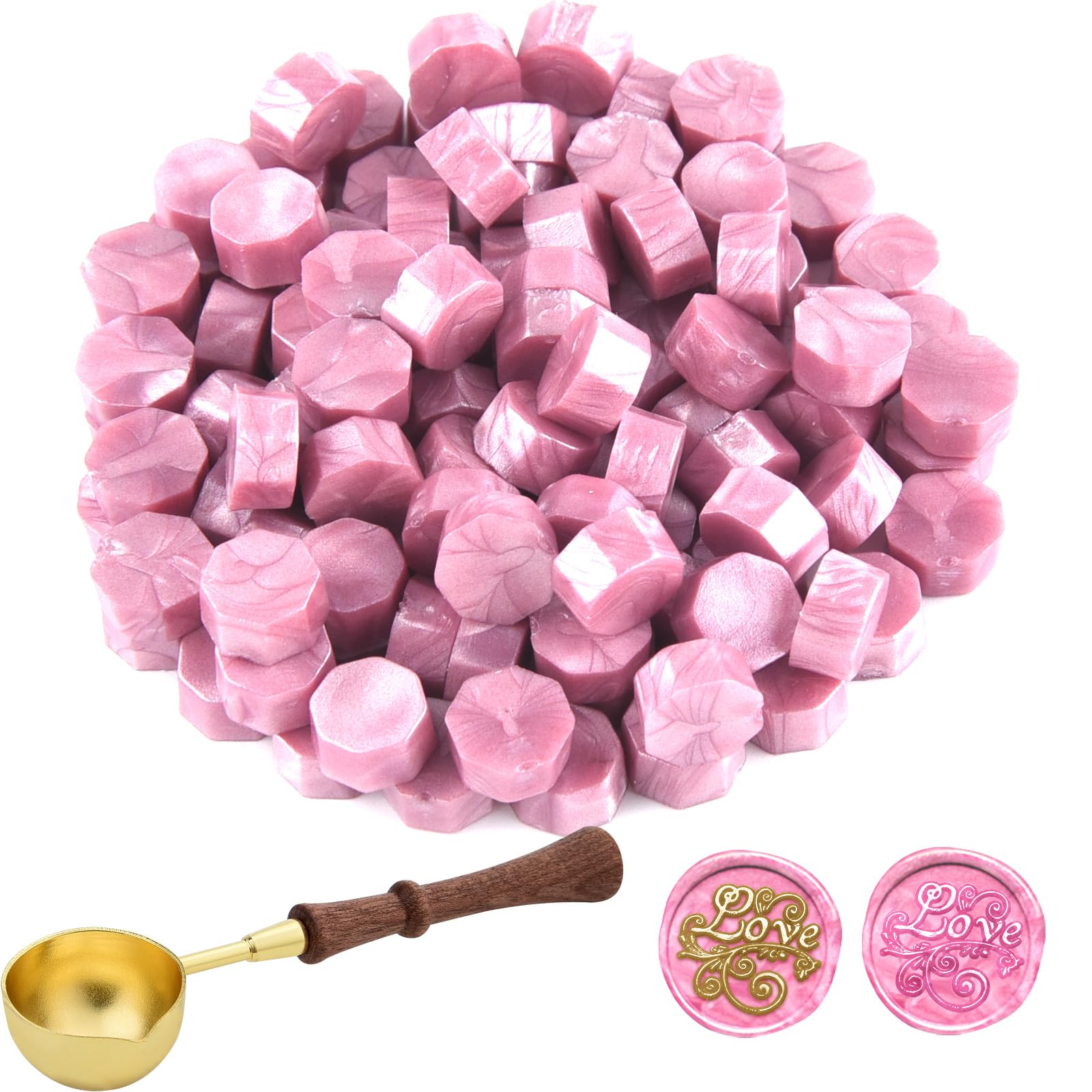 ASTARON 100 Pcs Rose Pink Sealing Wax Beads, Octagon Wax Seal Kit with 1 Wax Melting Spoon, Perfect for Invitations, Cards, Envelopes & Gift Wrapping