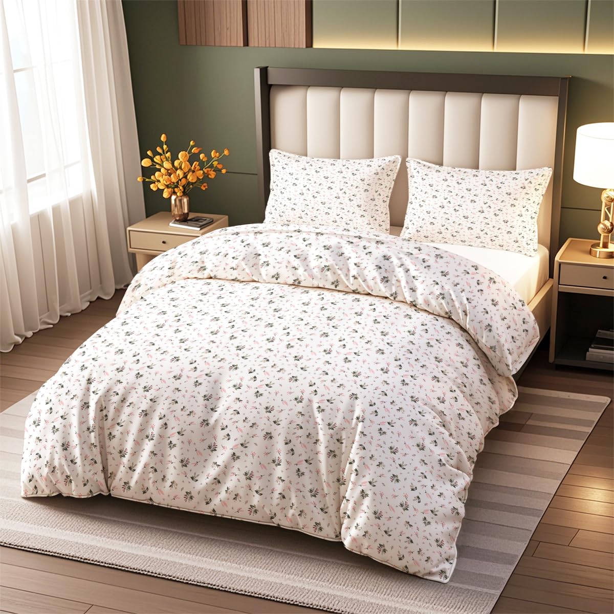 Tabeskly Pink Green Floral flower Soft Zipper Bed Bedding Duvet Cover Set Single White 135×200cm