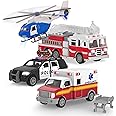 Driven by Battat – 4 Emergency Vehicle Toys – 9" Ambulance, 9" Police Car SUV, 7.5" Fire Truck, 8" Helicopter – Lights & Siren – Gift for Toddlers&Kids 3 Years +