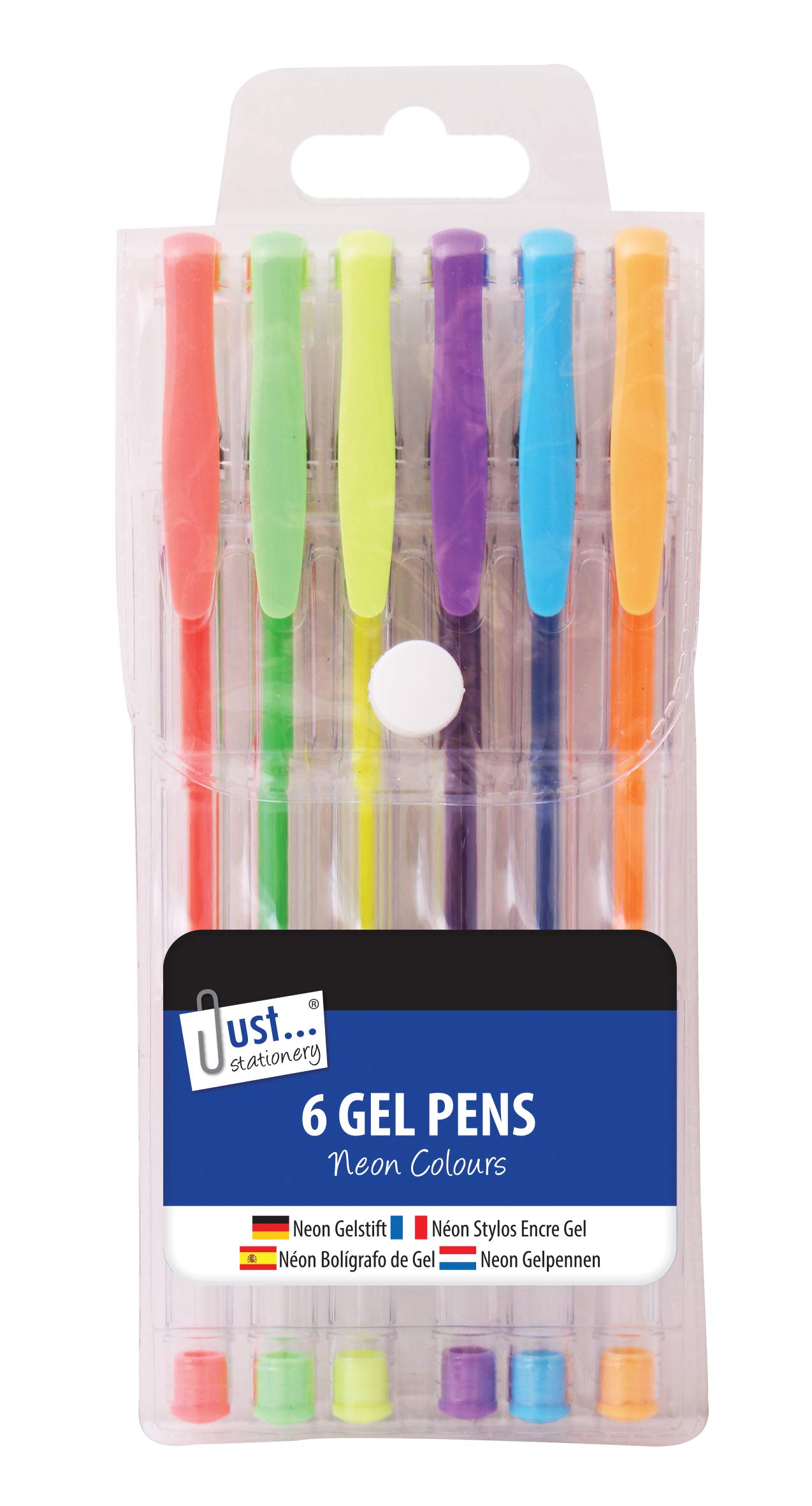Just Stationery Neon Gel Ink Pens - Assorted Colours (Pack of 6), Neon Colours