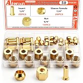 Aienxn 50PCS 1/4" Brass Compression Fittings, Insert, Sleeve Ferrule, Nut | Suitable for Connecting air, Fuel, Water, Oil and inert Gases Lines