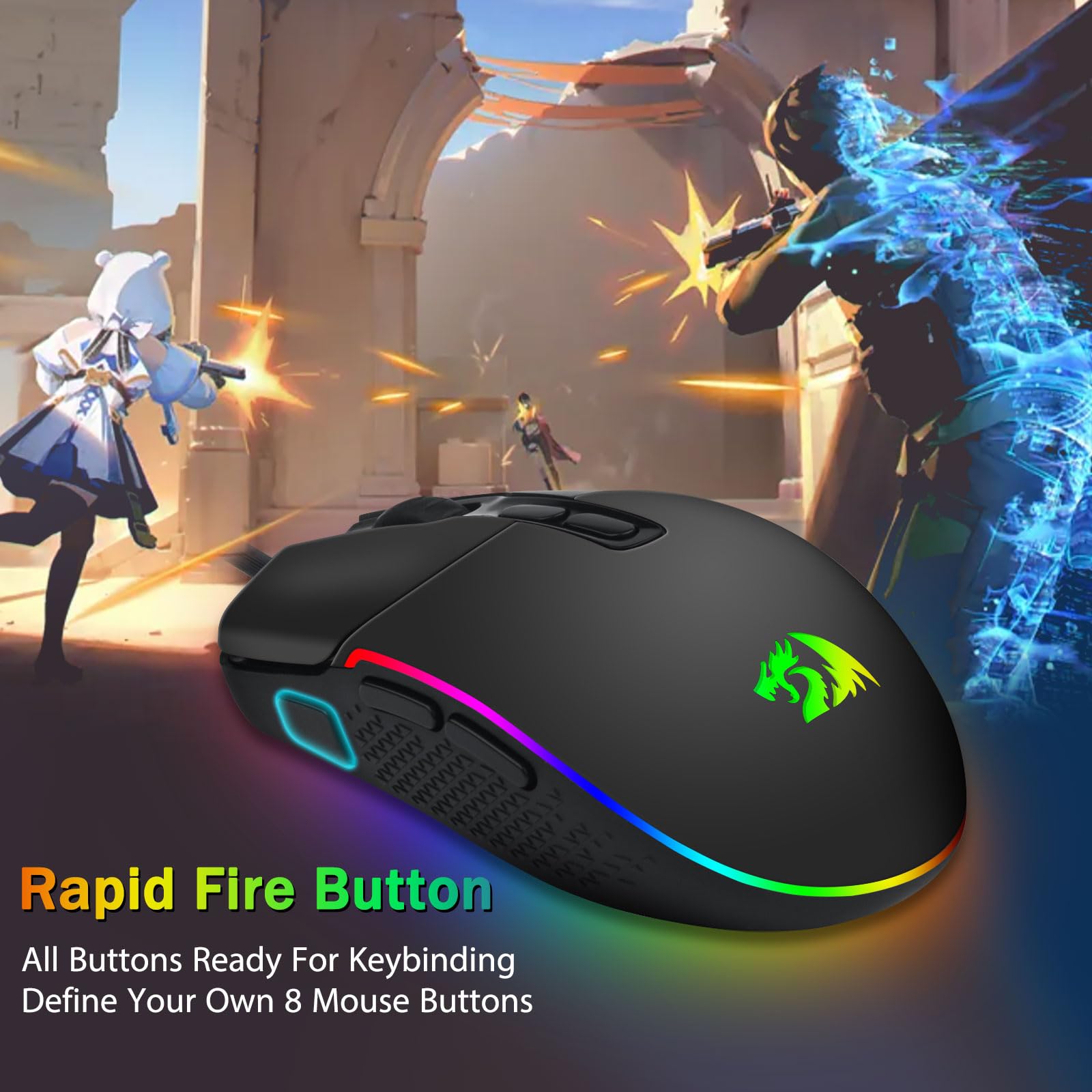 Redragon M719 Antonium RGB Gaming Mouse, 10,000 DPI Optical Wired Gamer Mice with 8 Programmable Buttons & 8 Backlit Modes, Software Supports DIY Keybinds Rapid Fire Button