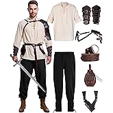 8 Pcs Men's Renaissance Costume Halloween Medieval Pirate Shirt Pant Viking Costume Accessories Set