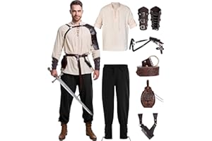 VANDERDYKEN 8 Pcs Men's Renaissance Costume Halloween Medieval Pirate Shirt Pant Viking Costume Accessories Set