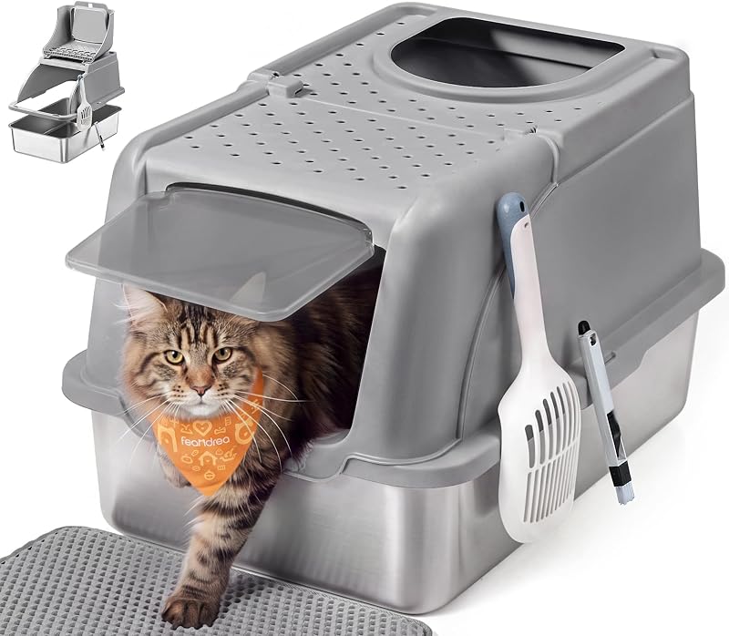 Lettiera per Gatti Chiusa in Acciaio Inox, 61 x 40 x 36,5 cm