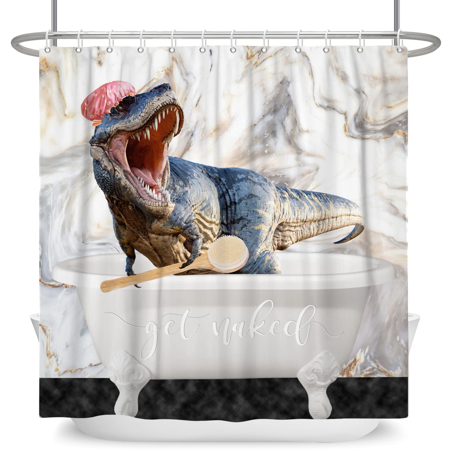 SDOTPMT 120x180cm Get Naked Shower Curtain Funny Dinosaur Showering Ancient Animal Bath Curtain White Grey Marble Luxury Texture Bathtub Curtain for Kids Man Bathroom Polyester with Hooks
