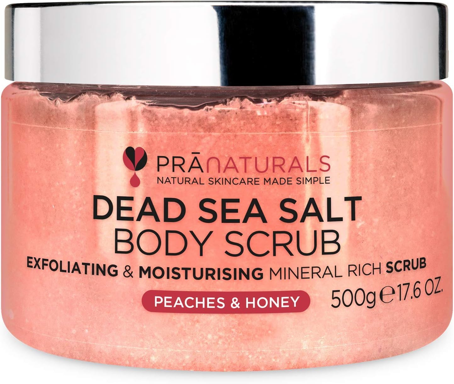 PraNaturals Dead Sea Salt Body Scrub 500G – Hydrating & Moisturising, Natural Oils & Minerals, Exfoliating, Softening & Nourishing, All Skin Types, No Parabens, Vegan & Cruelty Free (Peaches & Honey) — image 1