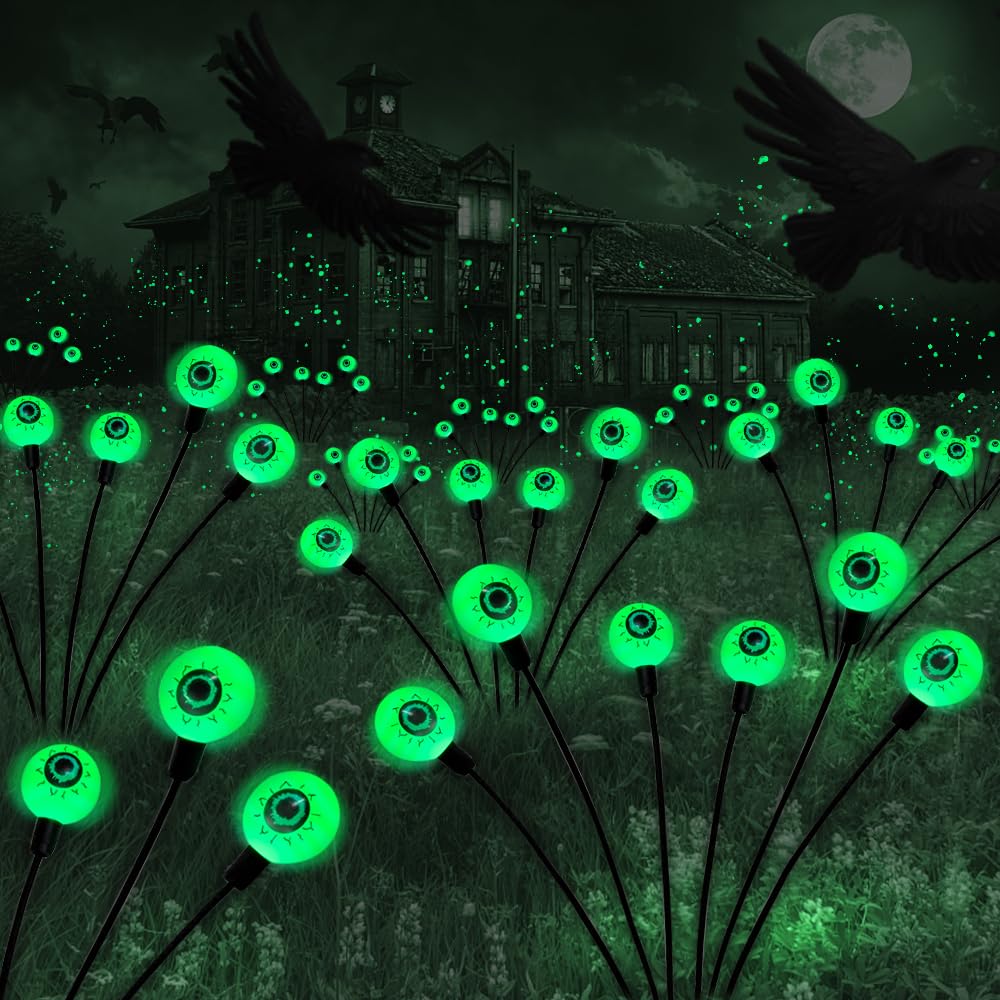 Photo 1 of BeHiller Halloween Decorations Outdoor Solar Scary Eyeball Lights,2PACKS 12LED Green Eyeball Swaying Firefly Lights,Waterproof Solar Halloween Path Lights for Yard/Garden/Lawn/Party Decor