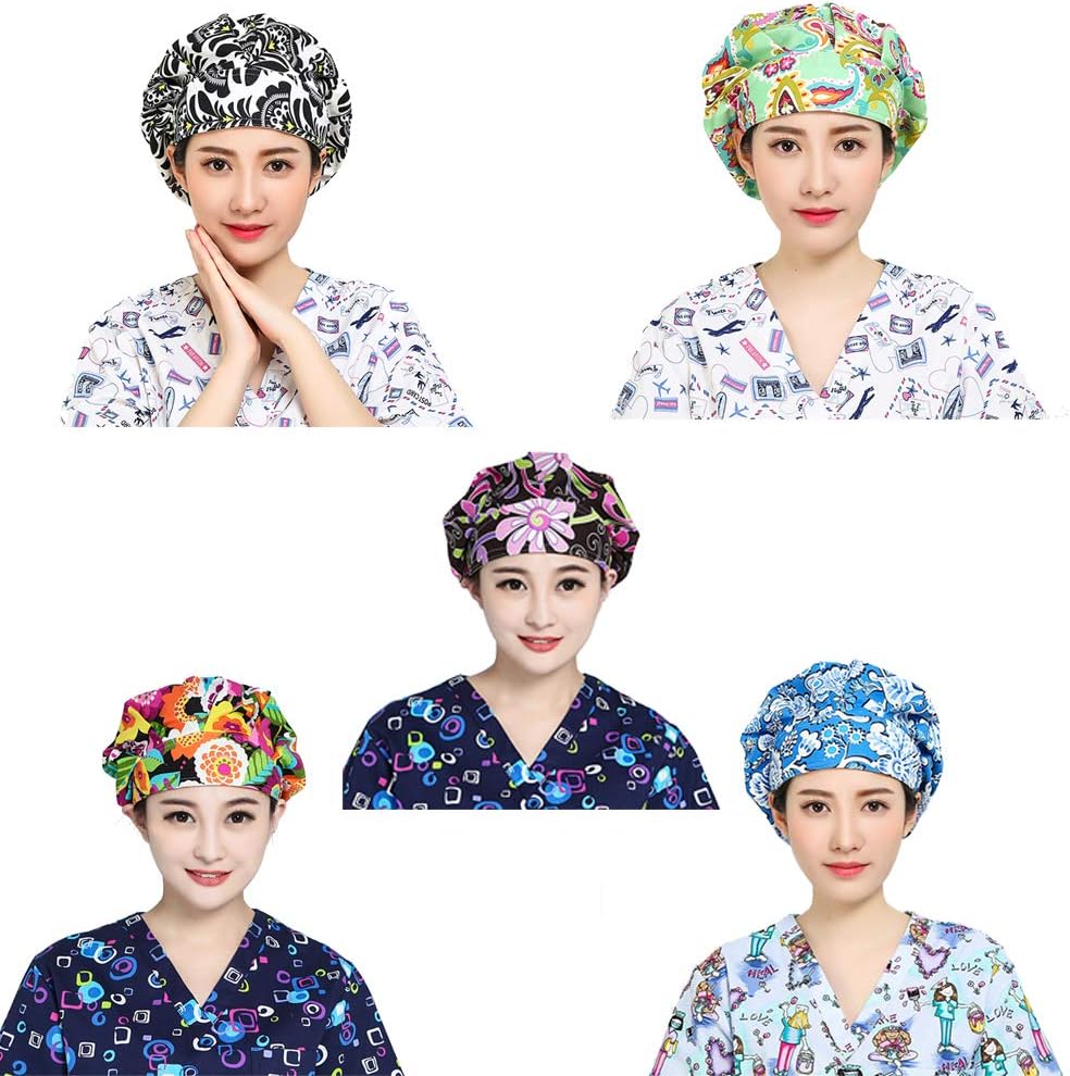 Printed Scrub Hat Adjustable Scrub Cap Sweatband Bouffant Hat for Women Nurse Doctor