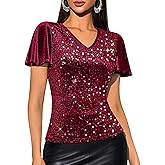 DRESSTELLS Womens Sequin Tops V Neck Ruffle Sleeve Sparkly Blouses for Party Disco Concert Outfits