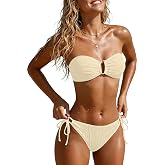 Women's Ribbed Sexy Push Up Bikini Set Two Piece Bandeau Tie Side Swimsuit | Center ring cleavage, comfy low-rise waist, detachable halter cord for easy tanning, and secure rear slide clasp.