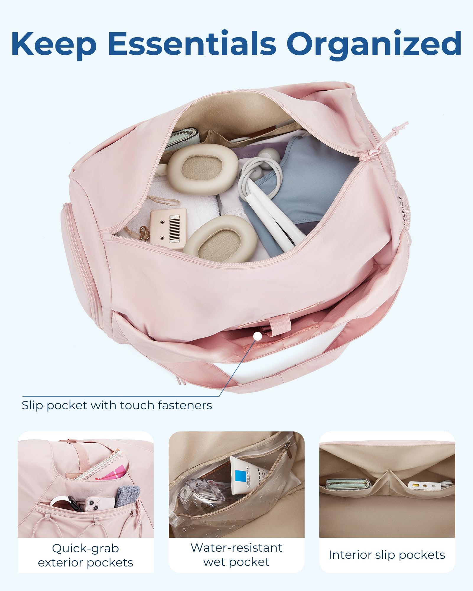 BAGSMART Gym Bag for Women, Lightweight Duffel with Shoe Compartment, Tote Bag with Wet Pocket for Yoga Travel, Pink
