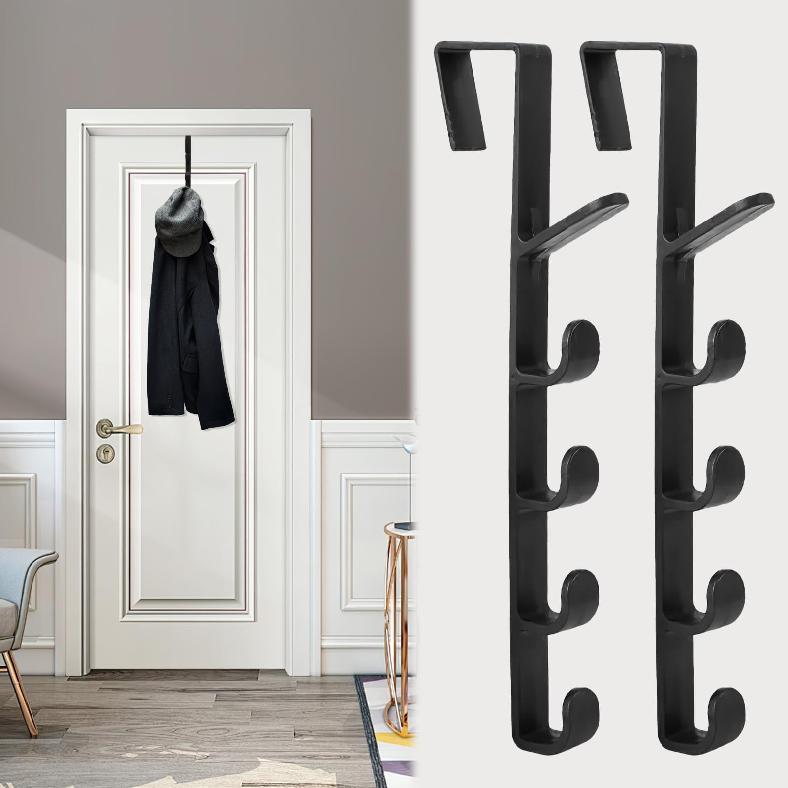 SMCEHEYA Over Door Hooks 2Packs Over Door Towel Rack 26.5cm(5.91'') Over Door Hanger Vertical Overdoor Hook Hanger ABS with 5 Hooks for Bathroom Bedroom Coat Hanging Clothes Towel Hat Bag - Black