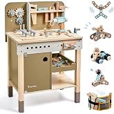 Toywoo Kids Tool Set,Wooden Tools Bench with Apron Toy Workbench with Realistic Tools Electric Drill STEM Construction Toy Gifts for Age 3-9 Boys Girls