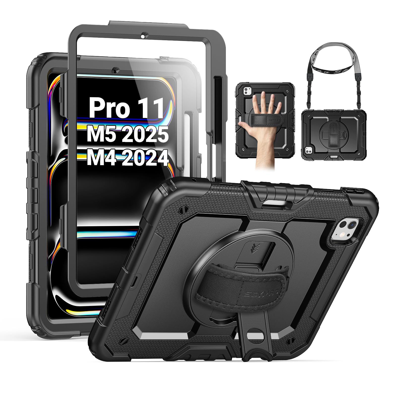 Photo 1 of SEYMAC for iPad Pro 11 Inch Case 2024 (M4), Heavy Duty Shockproof Protective Case with Screen Protector, 360° Rotating Stand, Hand/Shoulder Strap and Pen Holder for iPad Pro 11 2024, Black