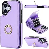 Folosu Compatible with iPhone 17 Case Wallet with Card Holder, 360°Rotation Finger Ring Holder Kickstand, RFID Blocking Leather Protective Double Buttons Shockproof Cover 6.3 Inch Purple