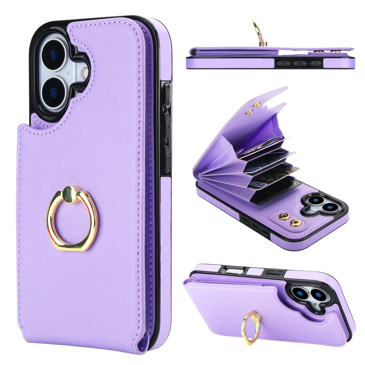 Folosu Compatible with iPhone 17 Case Wallet with Card Holder, 360°Rotation Finger Ring Holder Kickstand, RFID Blocking Leather Protective Double Buttons Shockproof Cover 6.3 Inch Purple