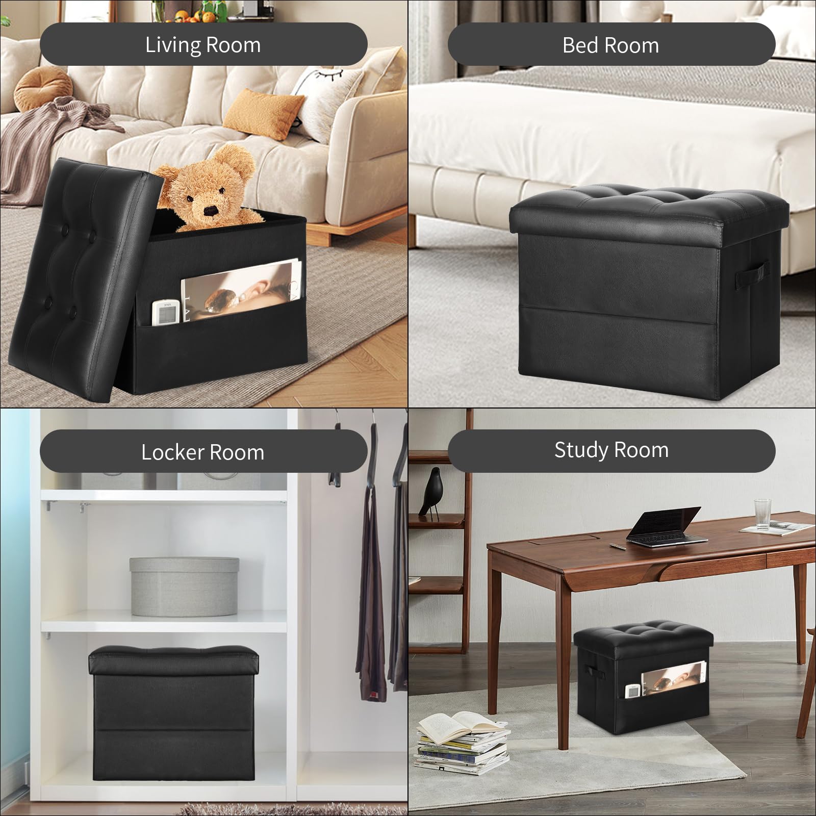 BelugaHelper Storage Ottoman Foot Rest Stool with Thicker Foam Padded Seat. Foldable Leather Footstool Bench. Small Ottoman with Storage for Living Room Bedroom Coffee Table 350 lbs, 17x13x13in, Black - Image 4