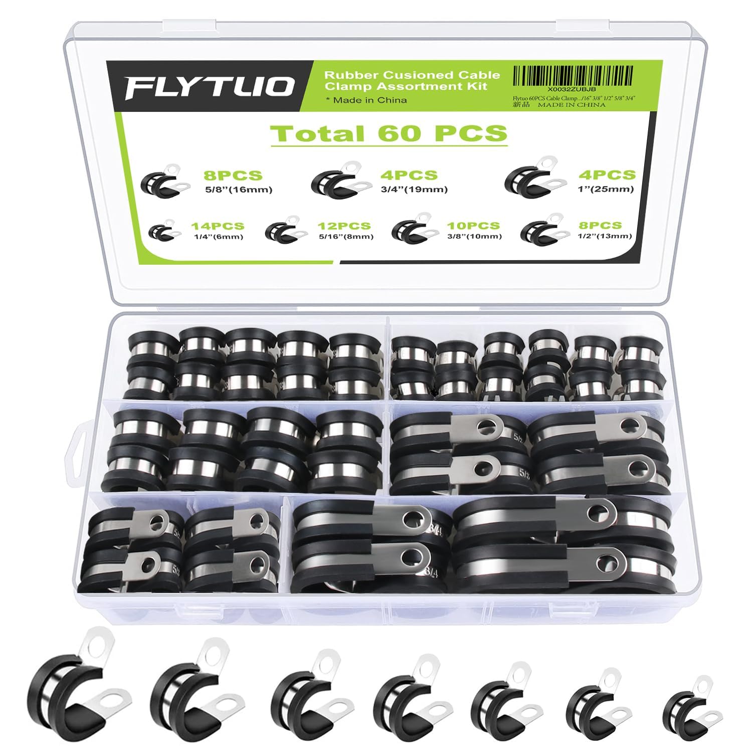 Flytuo 60PCS Cable Clamps Assortment Kit 304 Stainless Steel Rubber Cushion Pipe Clamps in 7 Sizes 6mm 8mm 10mm 13mm 16mm 19mm 25mm