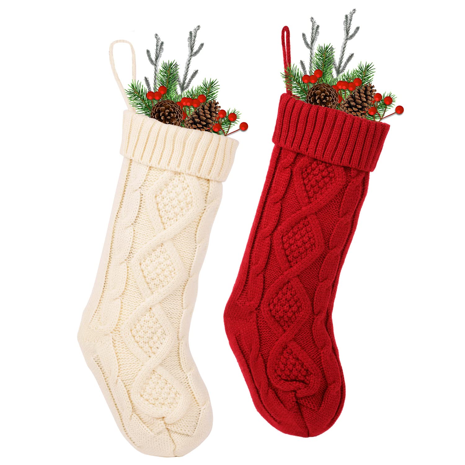 LOAVER Knitted Christmas Stockings Gift Socks, 46cm Large Red& White Stocking for Xmas Gift Filling Home Decoration