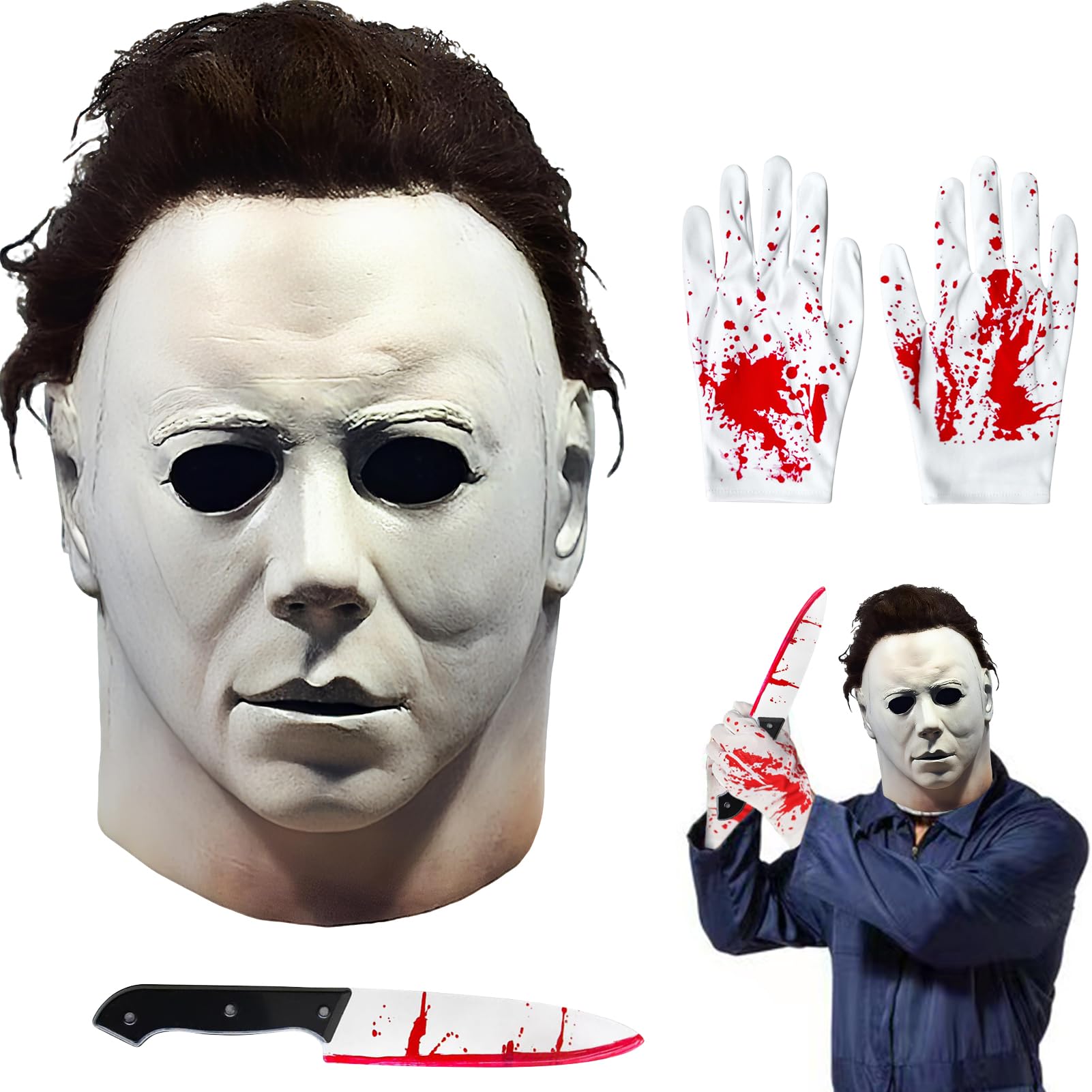 Gillterway Michael Myers Mask Halloween 3Pcs Set with Knife & Gloves – Scary Horror Latex Full Head Mask with Hair, Cosplay Costume Props for Adults, Halloween Party & Theme Events (C)