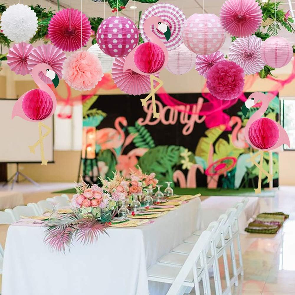 Meiduo Tropical Flamingo Party Honeycomb Decoration, Hawaiian Summer Party Supplies for Adults Kids Birthday Bridal Shower with Flamingo Paper Fans Pom Poms Flowers Paper Lanterns (Pink): Home Improvement