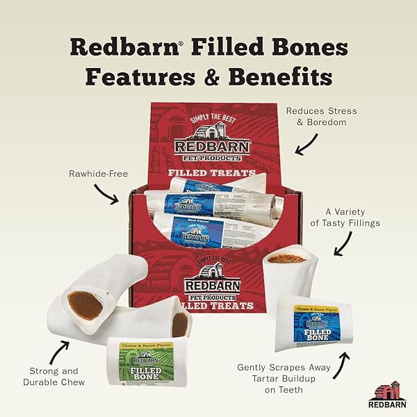 REDBARN PET PRODUCTS LARGE FILLED DOG BONES, CHEESE & BACON FLAVOR – LONG LASTING STUFFED FEMUR CHEW TREAT MADE IN USA – 4 COUNT – PACKAGING MAY VARY