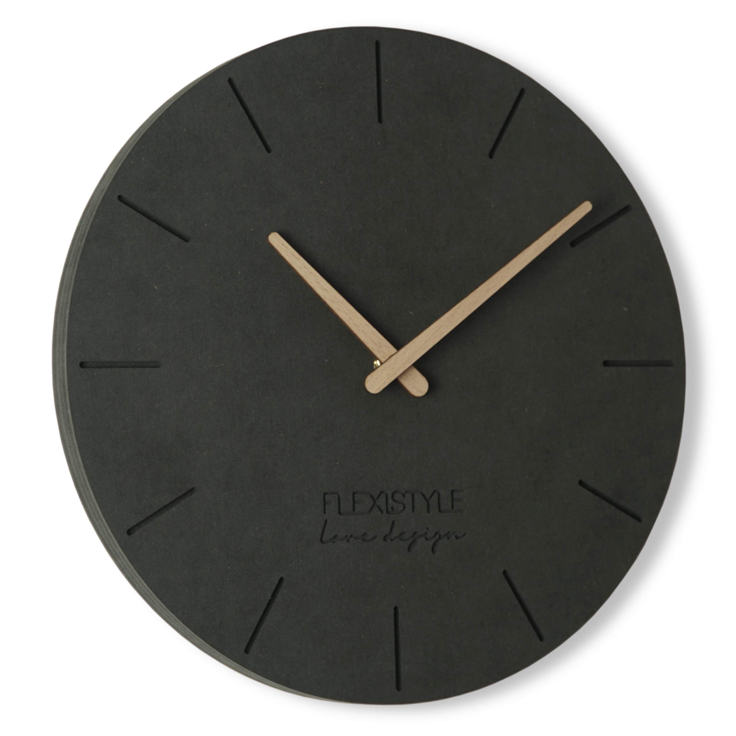 FLEXISTYLE Modern wall clock 30cm ECO2 wooden clock hands black unusual design for office living room bedroom silent non ticking