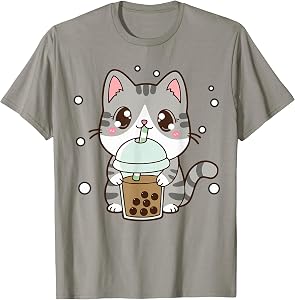 Cat Boba Tea Teen Girl Gift Japanese Anime Graphic Cute Cat T-Shirt