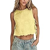 Women Embroidery Flower Tank Top Y2K Side Tie Crop Vest Cami Shirt Cute Summer Boho Going Out Tops