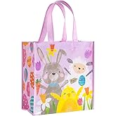 Loveinside Easter Reusable Gift Bag, Cute Bunny, Chick and Lamb with Eggs & Flowers Design, Purple Medium Recycled Gift Bag for Kids Gifts, Easter Party, Egg Hunt, Spring, 10" x 5" x 10", 1 Pcs