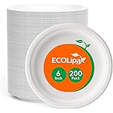 ECOLipak 6 Inch Disposable Compostable Small Paper Plates, 200 Pack Recycled Sugarcane Bagasse Biodegradable Heavy Duty Mini Dinner Appetizer Cake Dessert Plates for Party(White)