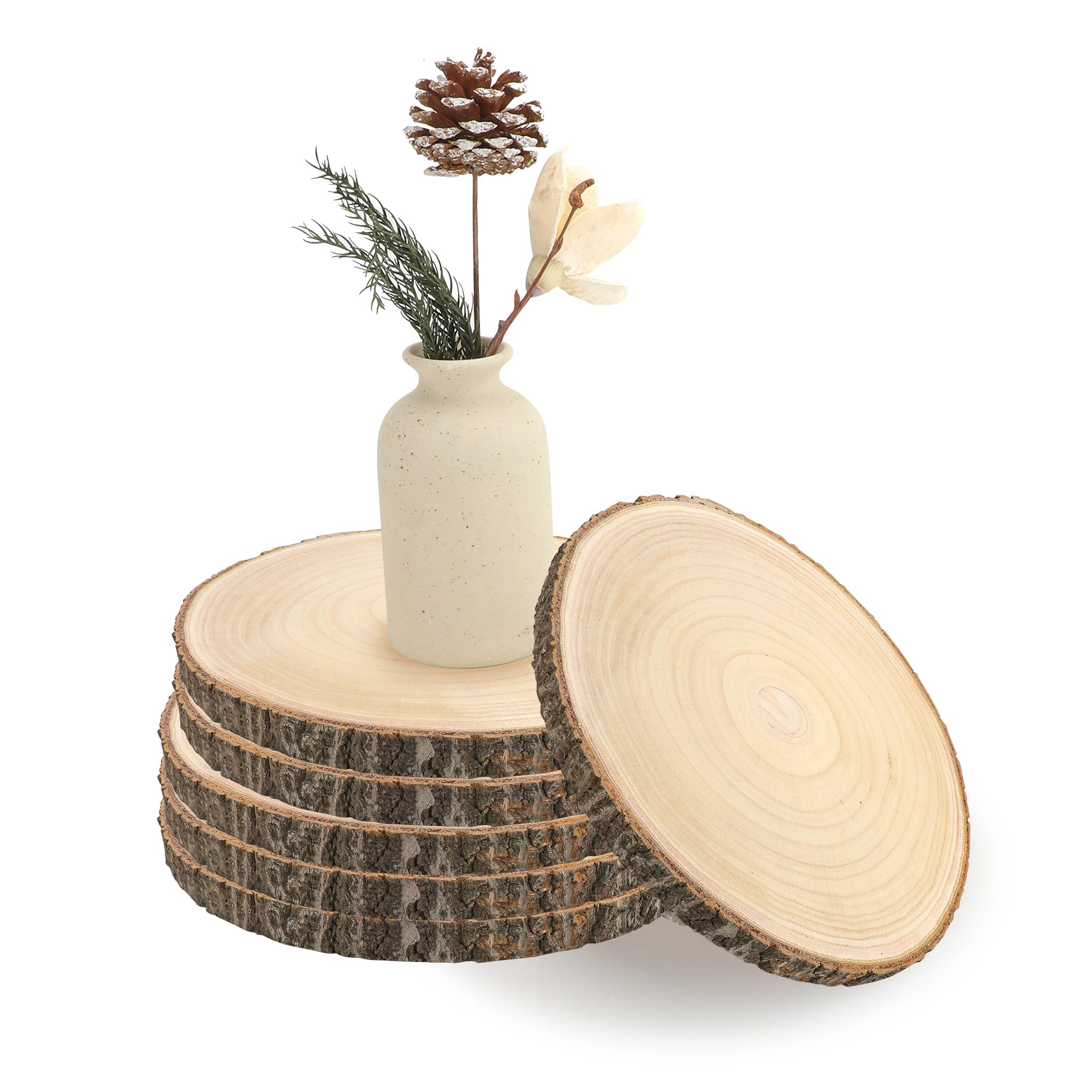 Photo 1 of KEJJNYER 6 Pack Round Wood Slices for Centerpieces, 10-12 Inch Rustic Wood Slices for Crafts, Unfinished Wooden Circle with Tree Bark for Tables Sign Crafts DIY Project Decorations
