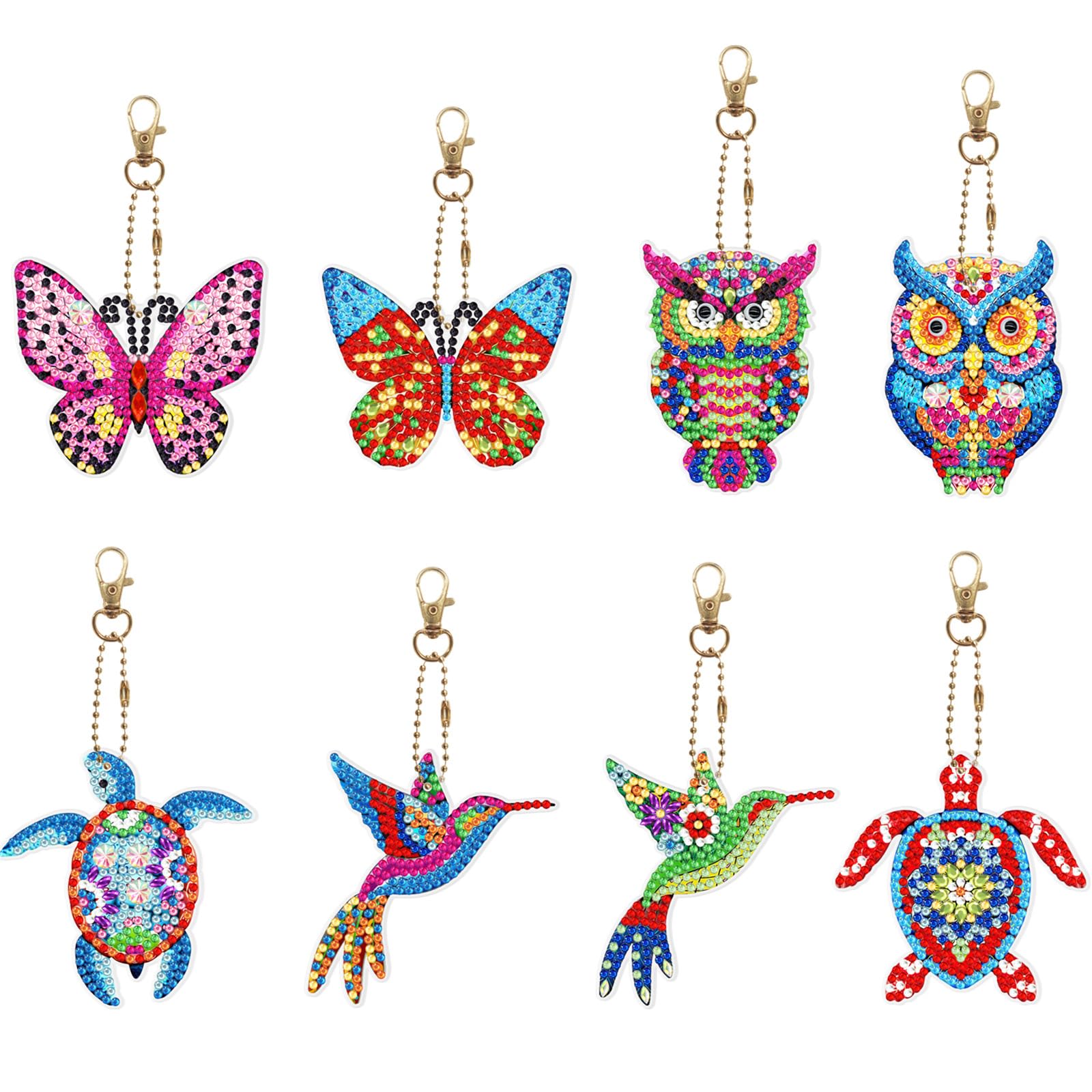 GIEEU Diamond Painting Keychains Set - 8PCS Art Craft Animal Design, Double Sided Painting Art Gem Key Rings, Bird Owl Turtle Butterfly Included