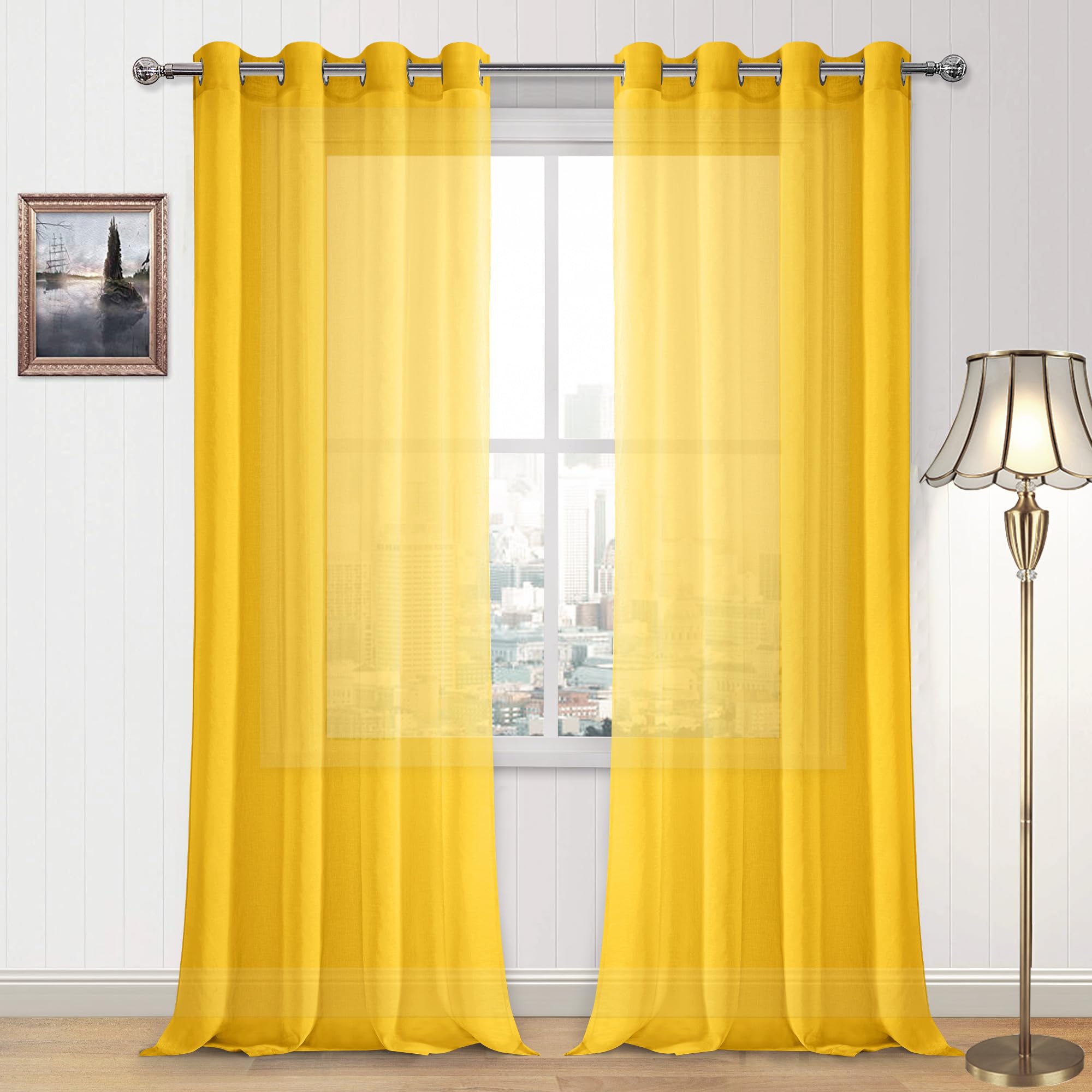 DWCN Yellow Faux Linen Sheer Curtains - Grommet Voile Window Curtain Drapes for Bedroom Living Room 52 x 95 inches Long, Set of 2